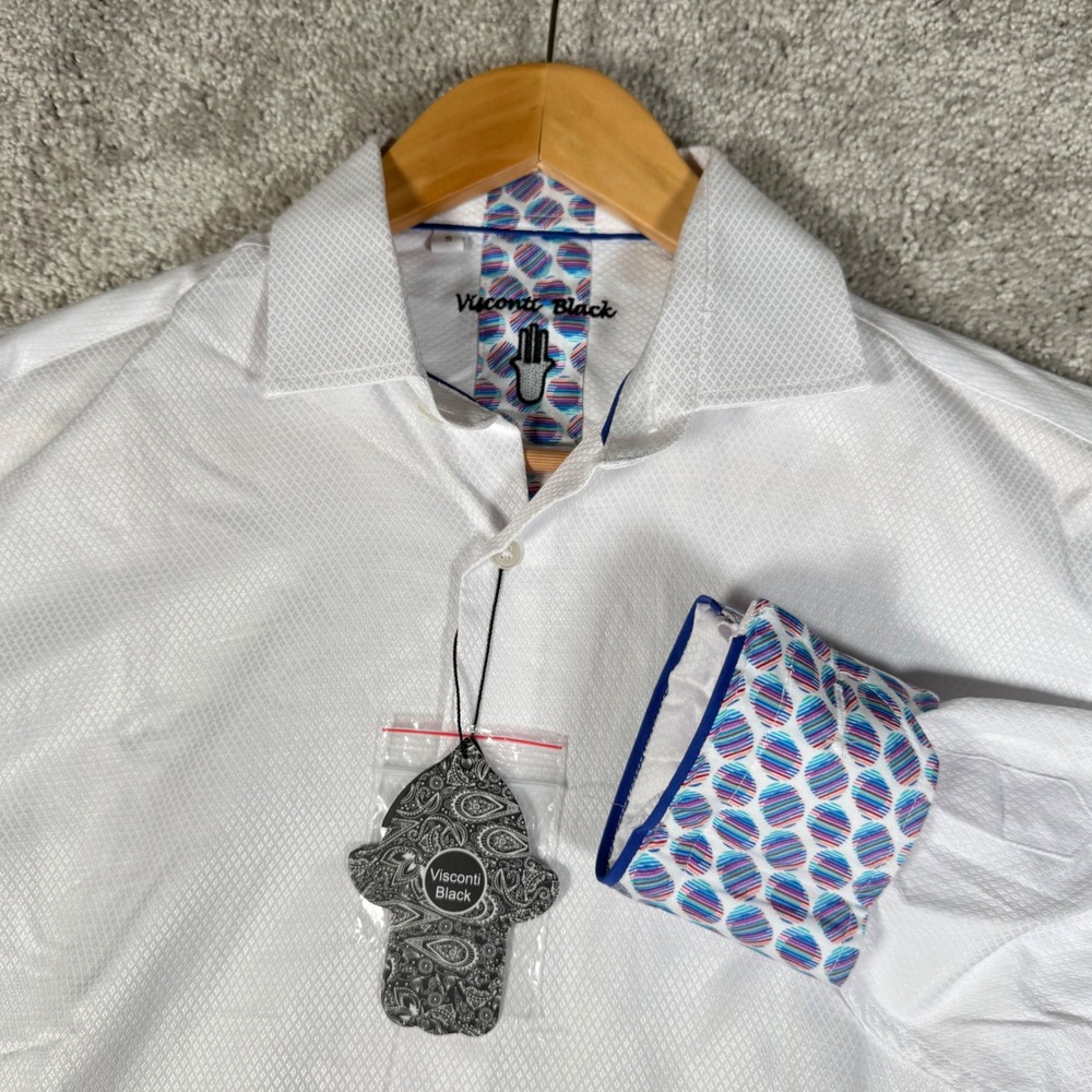 NWT Visconti Black Men's Small White Textured Dress Shirt‎ Flip Cuff Button Up
